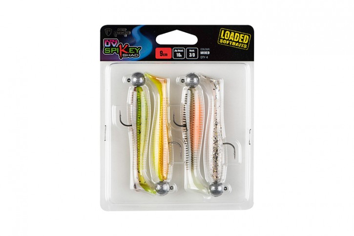 Fox Rage Spikey Shad 9cm x 4 Mixed UV colour pack LOADED 10g 3/0